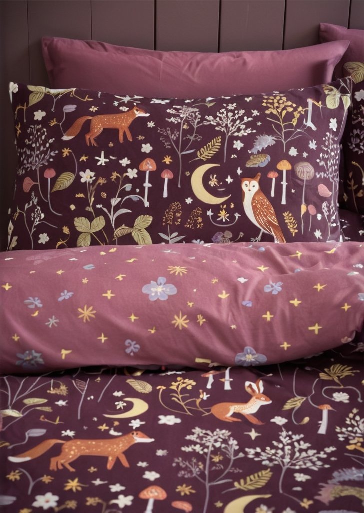 Zestaw dwustronnych poszewek na kołdrą Zaczarowane zwierząta zmierzchu, śliwka - obrazek 3