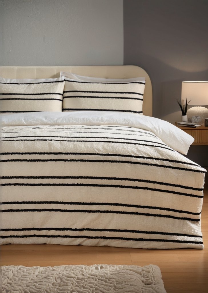 Zestaw pościeli pluszowej w czarno-kremowe paski