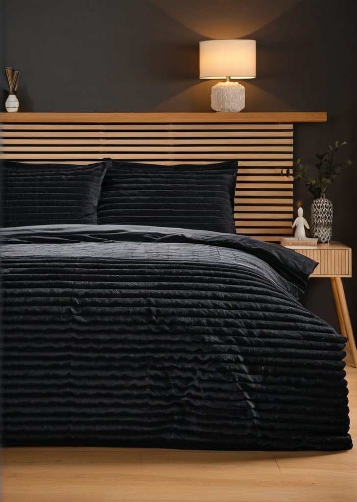 Zestaw pościeli ze sztucznego futra w kolorze czarnym, prążkowanym