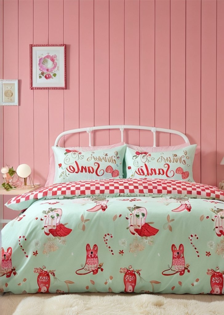 Zestaw dwustronnych poszewek na kołdrą w kolorze zielonym Święty Mikołaj.