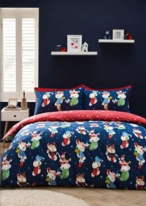 Zestaw poszewek na kołdrą w kolorze granatowym, świąteczne elfy, bogate w bawełną