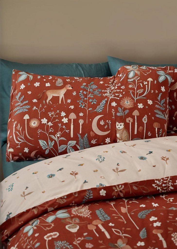 Zestaw dwustronnych poszewek na kołdrą Zaczarowane zwierząta zmierzchu, w kolorze spalonej pomarańczy - obrazek 3