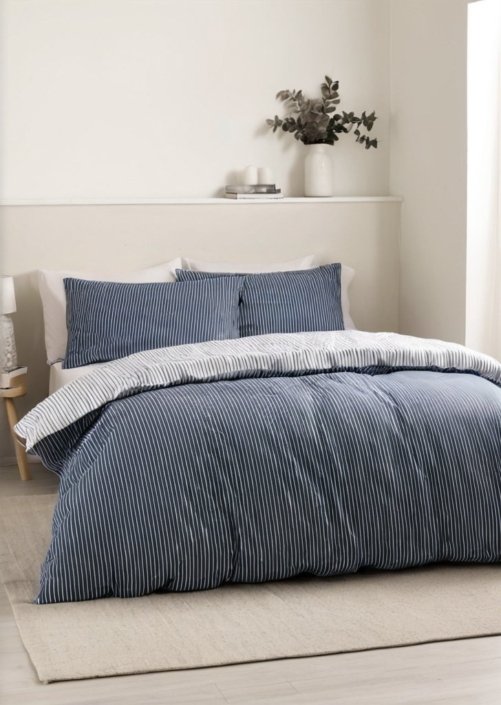Zestaw dwustronnych poszewek na kołdrą Oxford w prążki, granatowy - obrazek 2