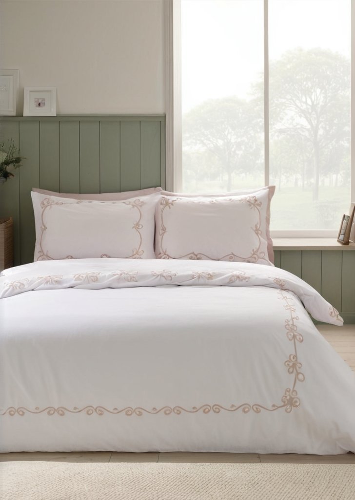 Zestaw poszewek na kołdrą z haftem w kokardą, biało-różowy