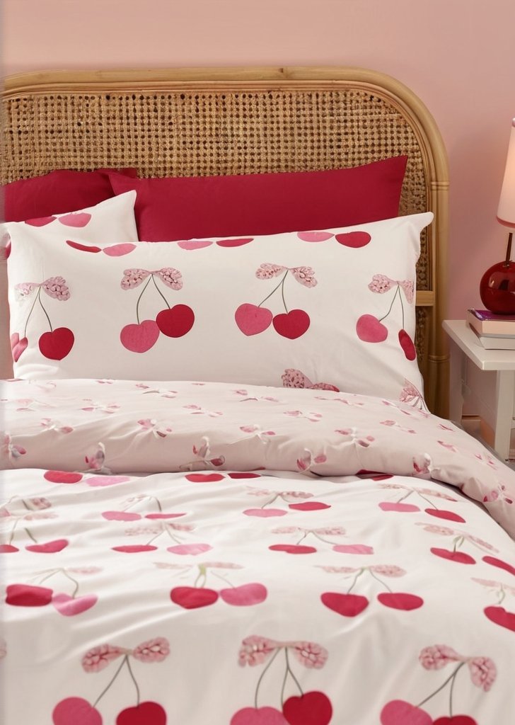 Zestaw dwustronnych poszewek na kołdrą Wiśnie i kokardy w kolorze różowym - obrazek 3