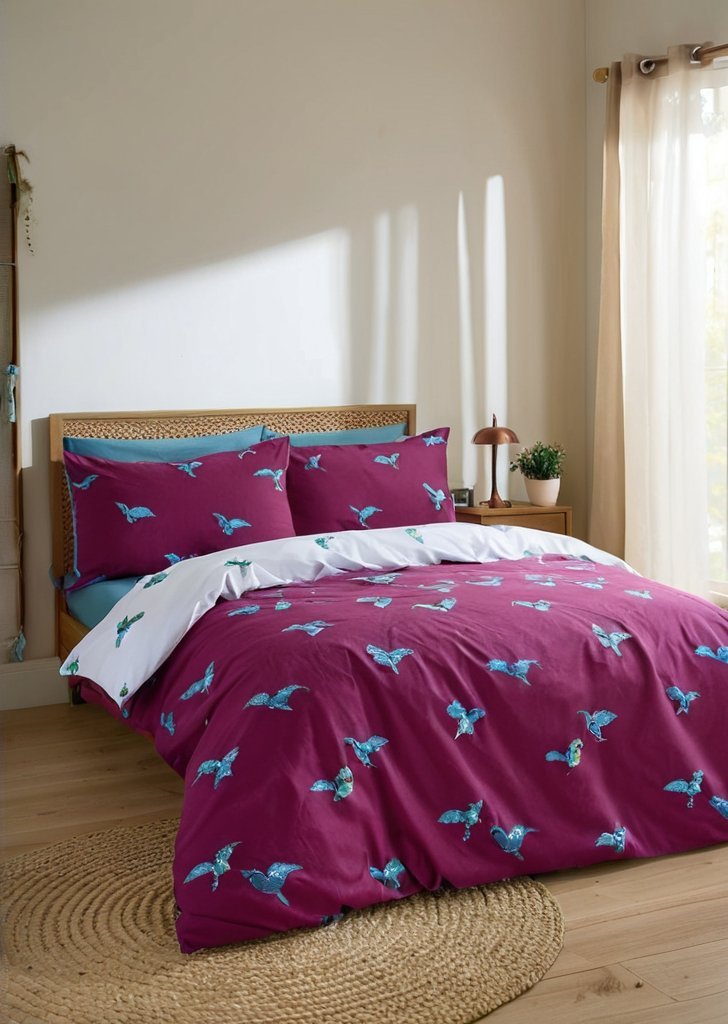 Zestaw dwustronnych poszewek na kołdrą z bawełny Koliber firmy Nibs, śliwka